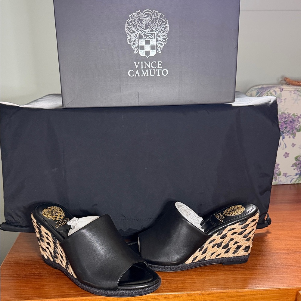 Vince Camuto Black Leather Open-Toe Wedge Mules with Woven Heel